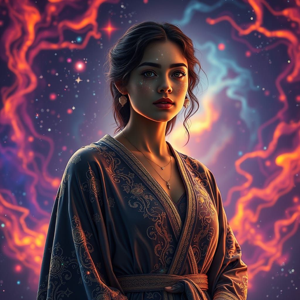 Cosmic Woman Posing in Front of Nebula in 3D