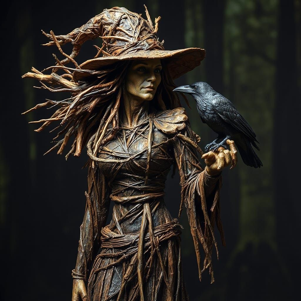 Wicker Witch and Raven Sculpture in Forest