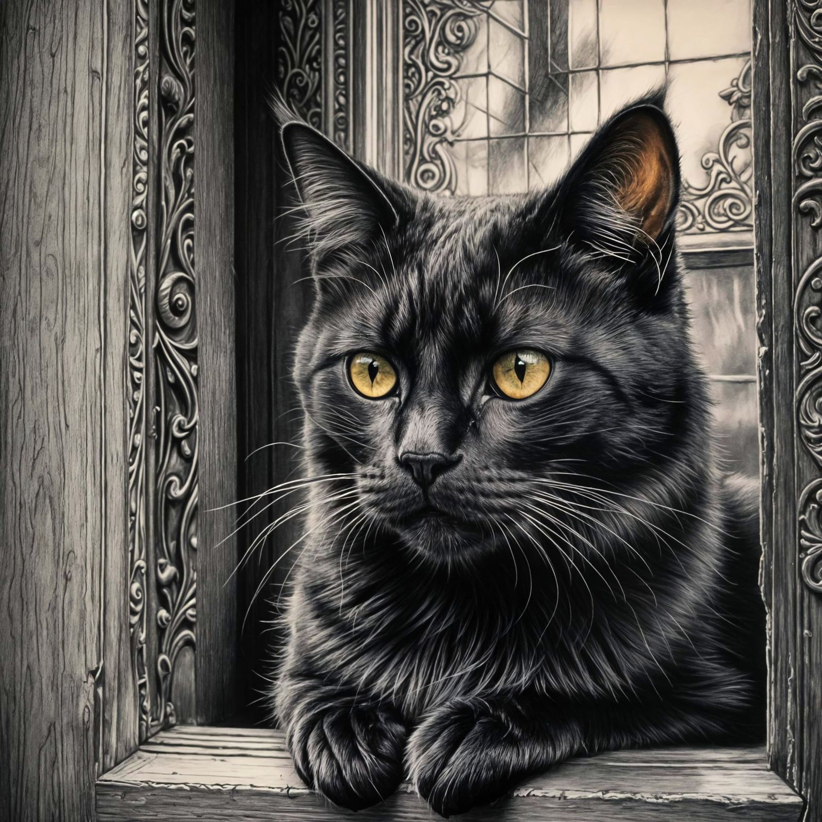 Black Cat in Window: Hyperdetailed Charcoal Drawing