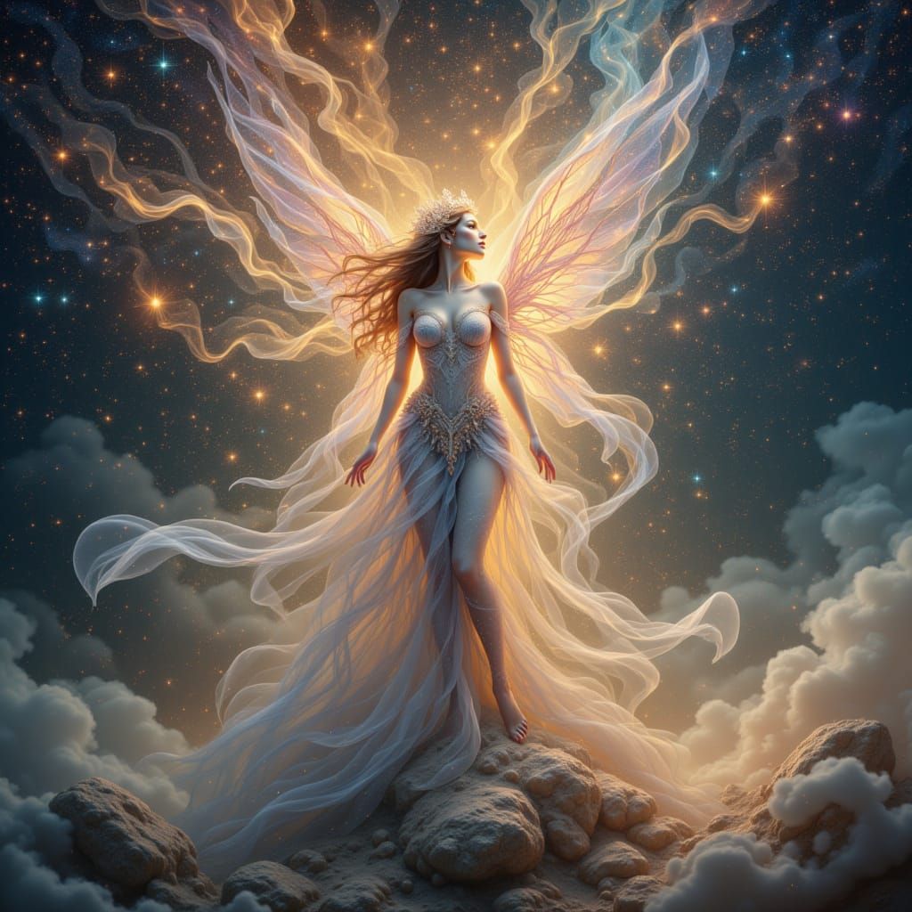 Celestial Goddess on Asteroid in Cosmic Style