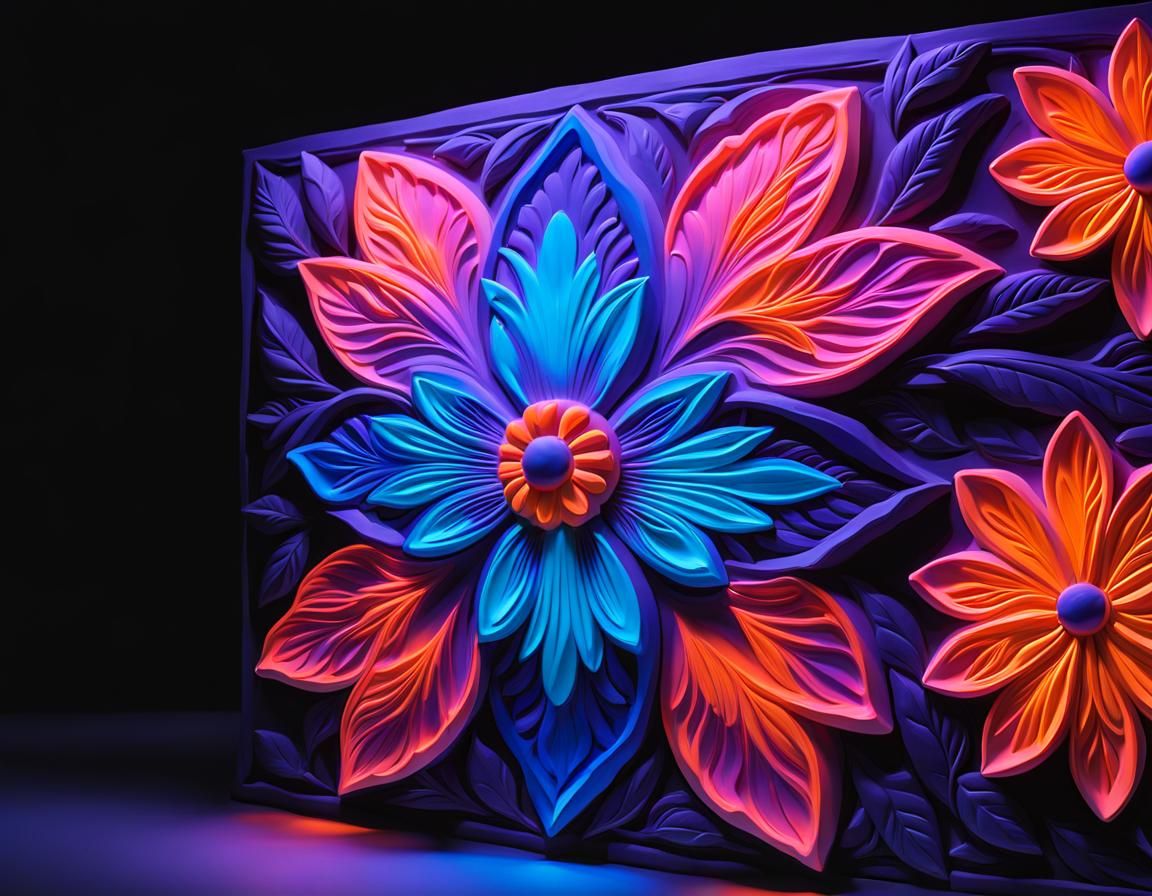Neon Flower Bas-Relief Carving in Vivid Colors