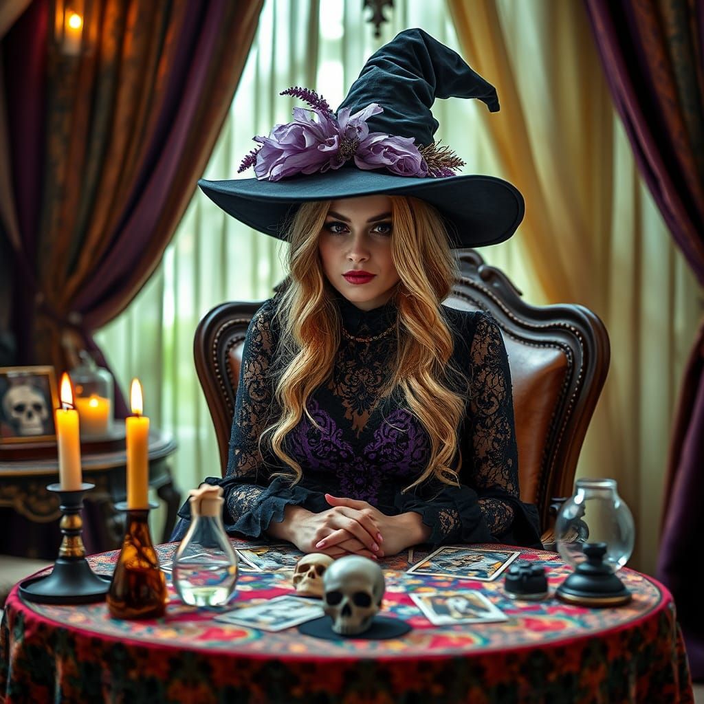 Magical Witch in Fortune Teller's Room, Hyperrealistic