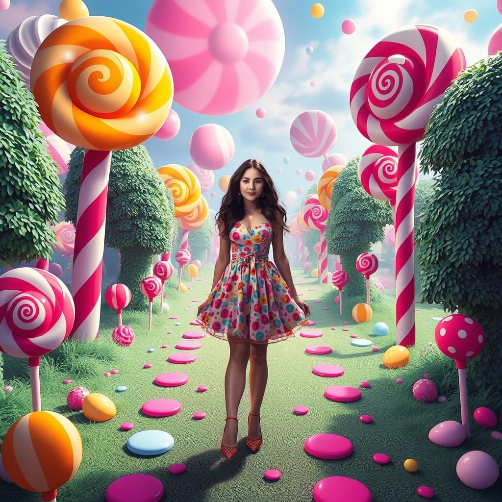 Woman in Candyland: Hyperrealistic Digital Illustration