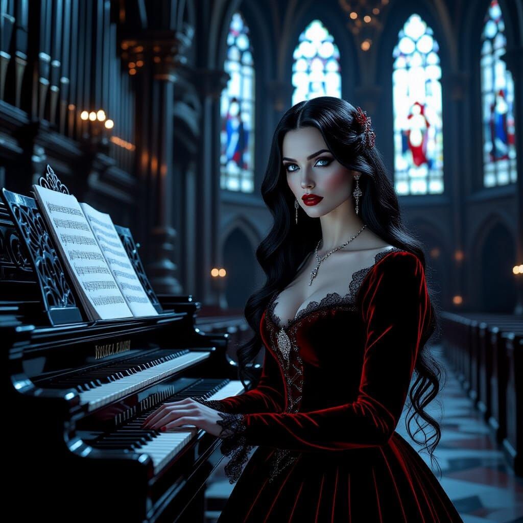 Gothic Vampire at Pipe Organ in Cinematic Lighting