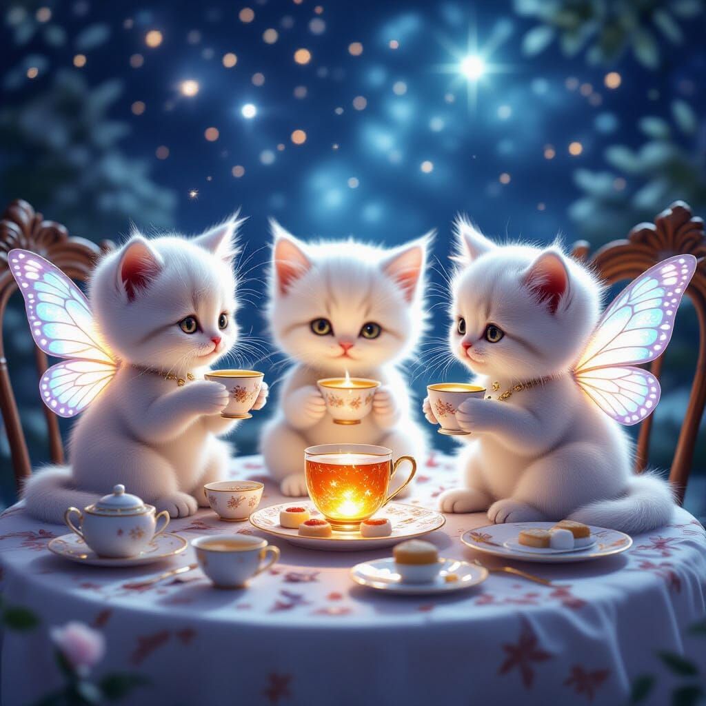 Celestial Tea Party with Kittens in Ethereal Light
