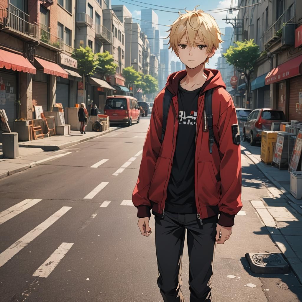 Anime Blond Boy in City Street, Manga Style