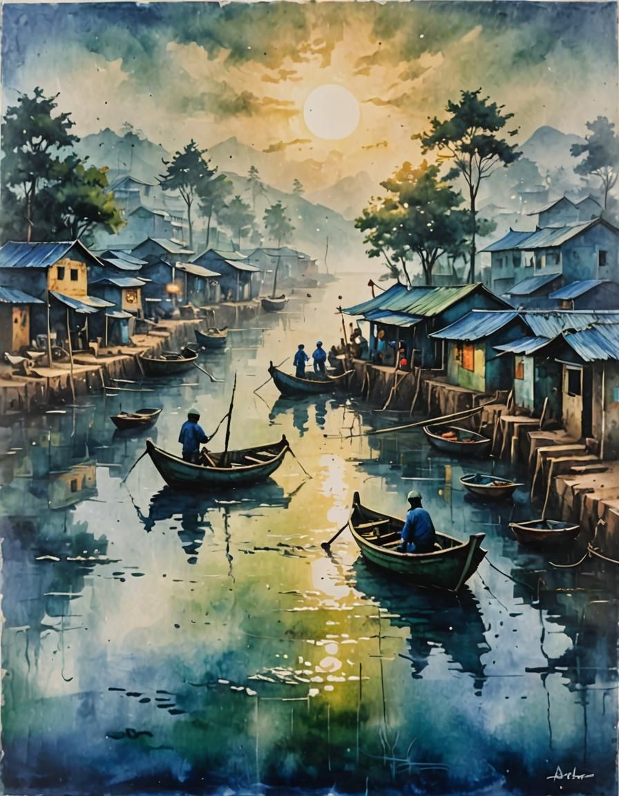 South Asian Fishing Village in Encaustic Style