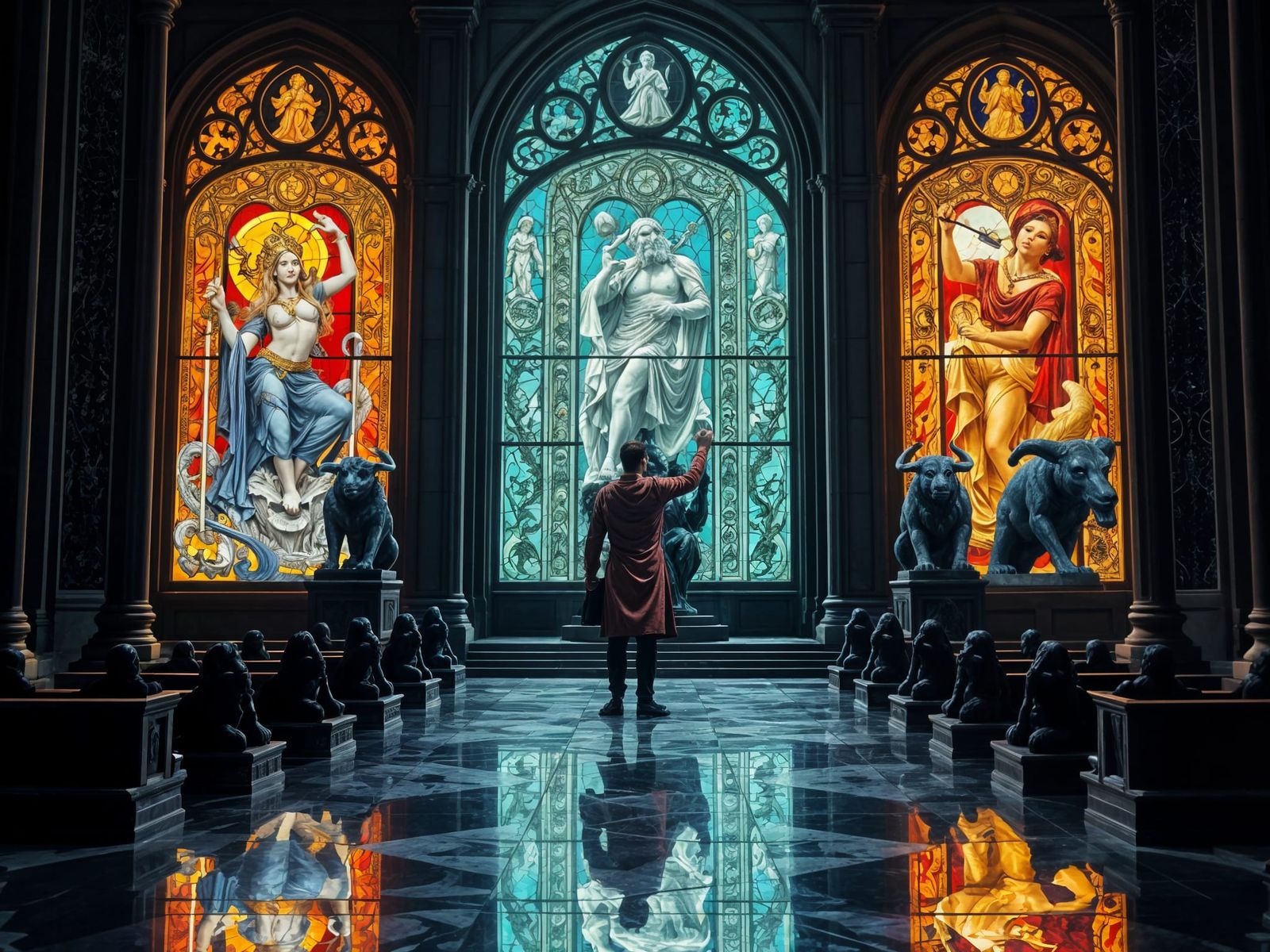 Ornate Stained Glass Windows in Gothic Cathedral