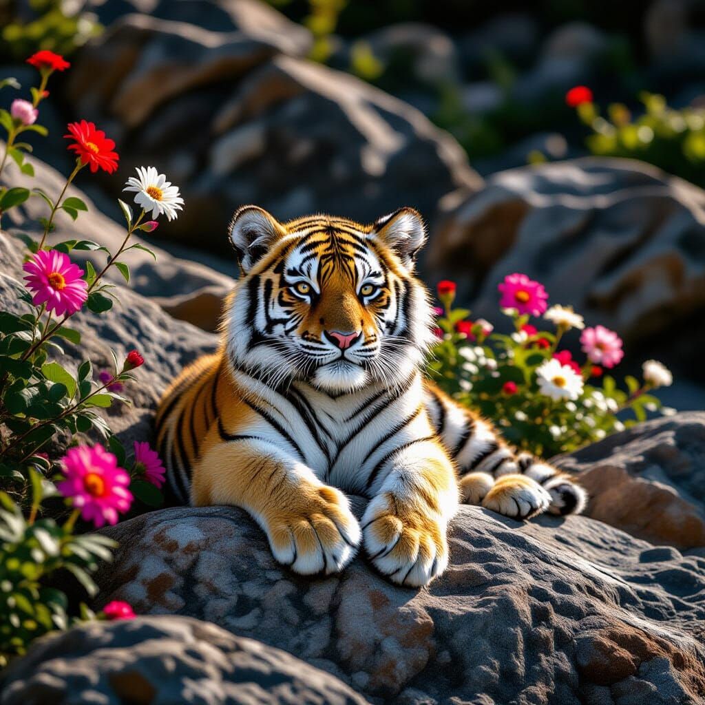 Snow Tiger Cub Resting on Flowers on Rocks