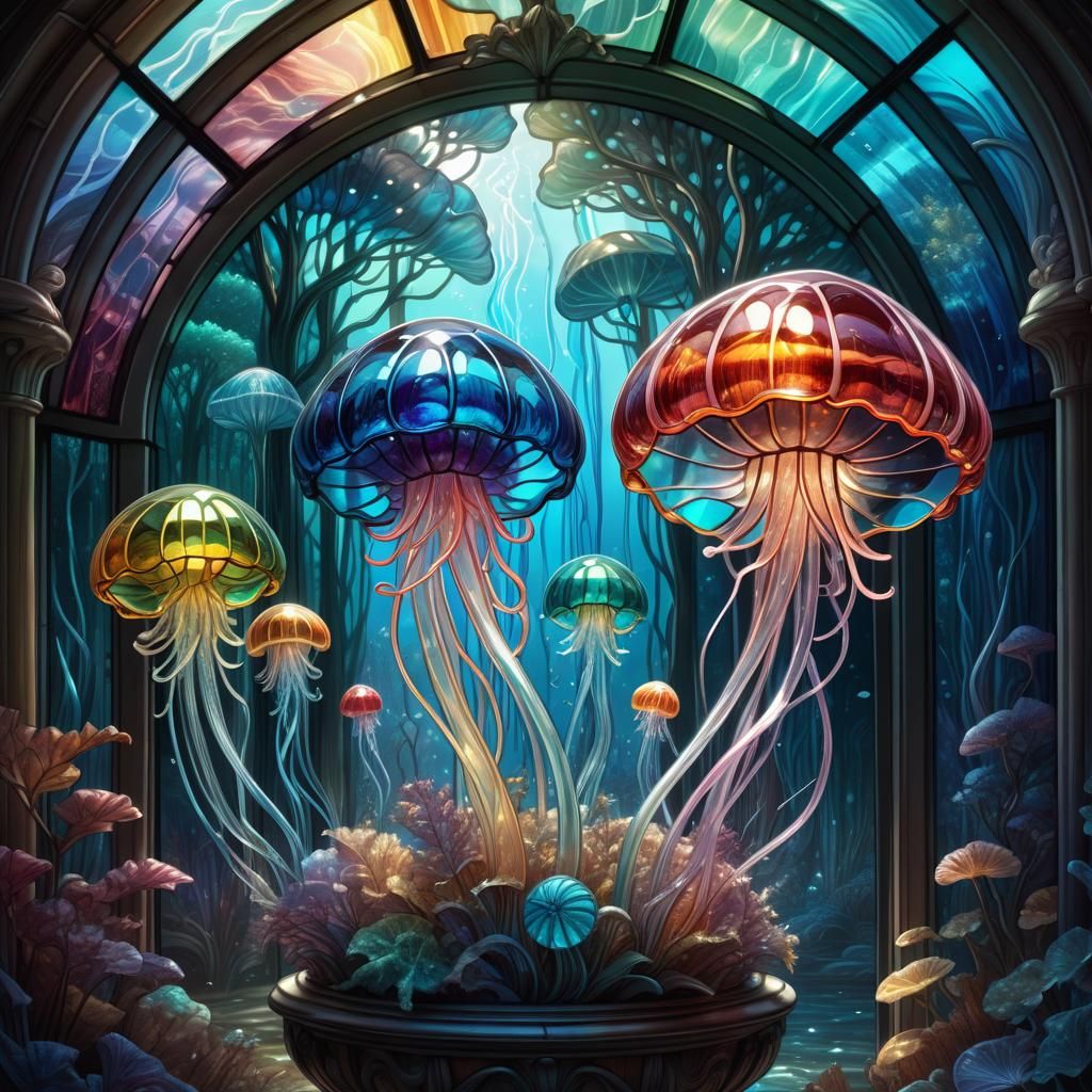 Stained Glass Jellyfish in Hyperdetailed Digital Landscape