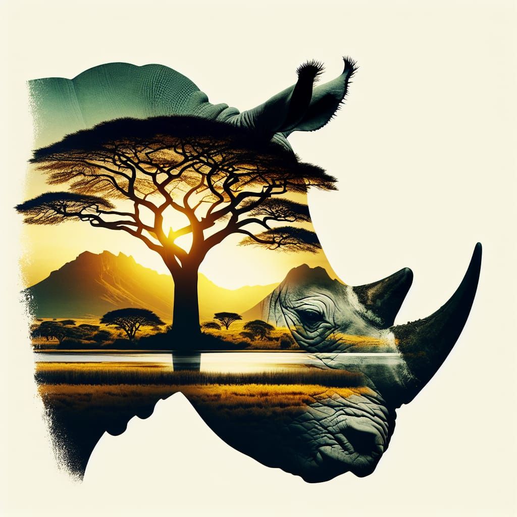 African Landscape Merged with Rhino Silhouette