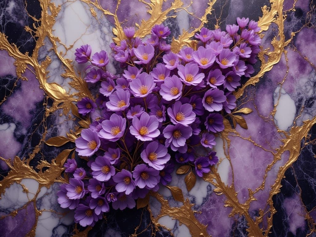 Lilac Bouquet on Marble Table with Gold Details