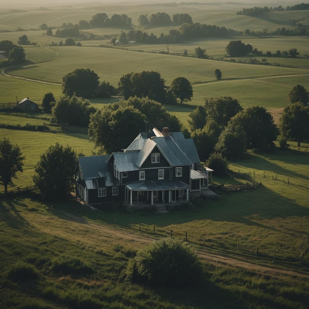 Farmhouse at Night in Cinematic Film Style