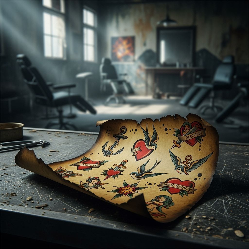 Vintage Tattoo Flash Sheet in Abandoned Shop