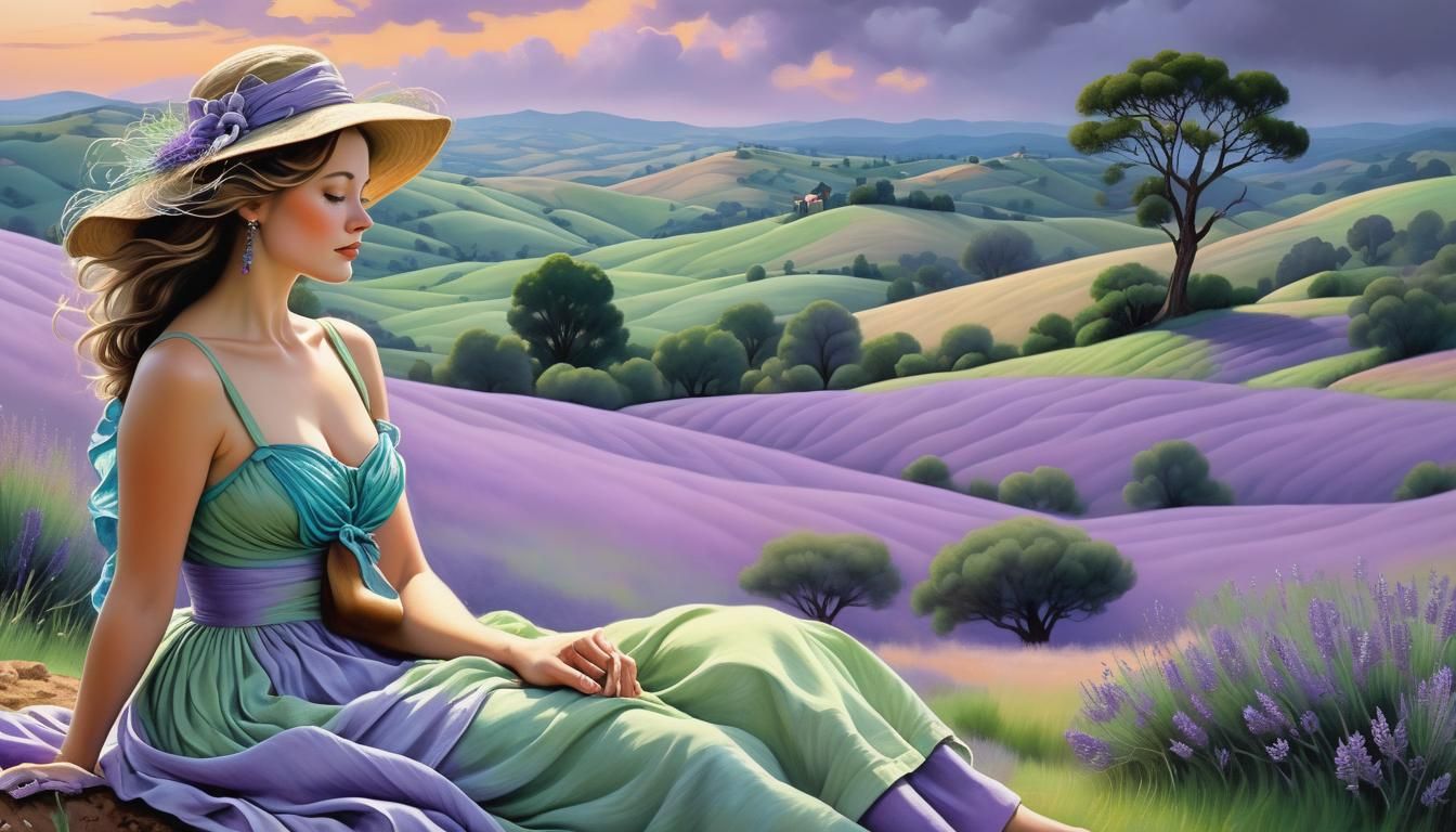 Serene Landscape with Woman in Watercolour Style