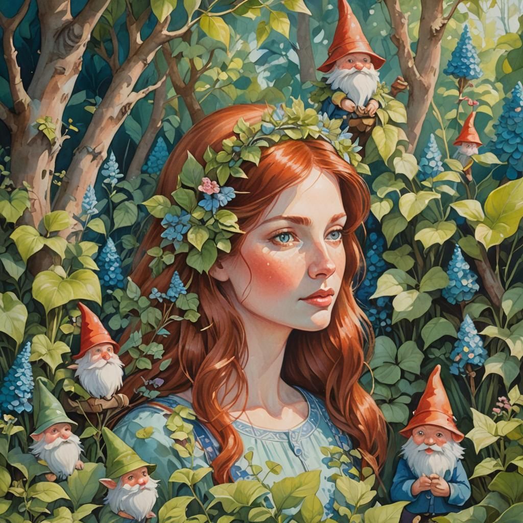 Auburn Haired Woman in Gnome Garden, Gouache Painting