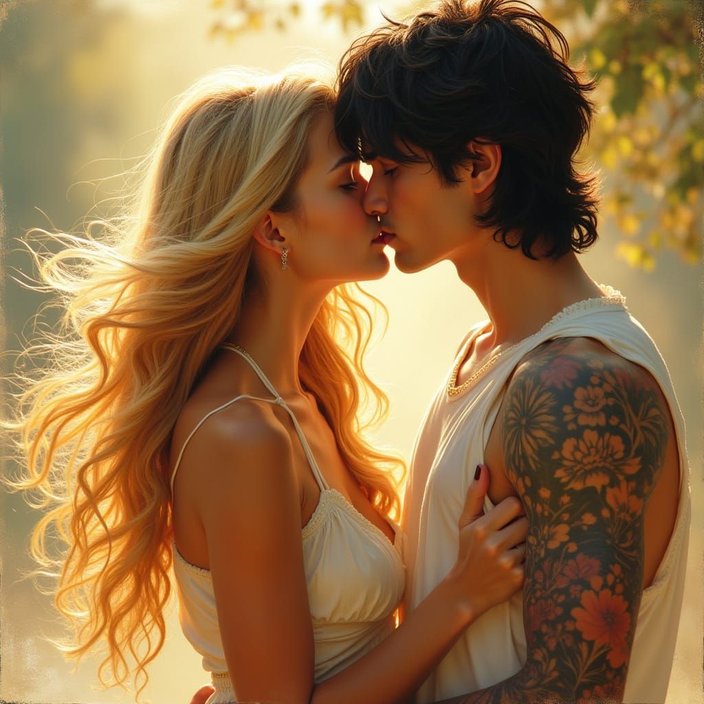 Romantic Couple in Sunlit Setting, in Whimsical Rococo Style