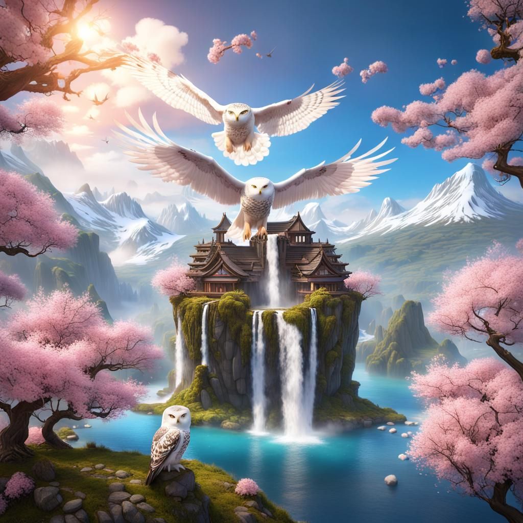 Ethereal Floating Isles Amidst Vibrant Cherry Blossoms