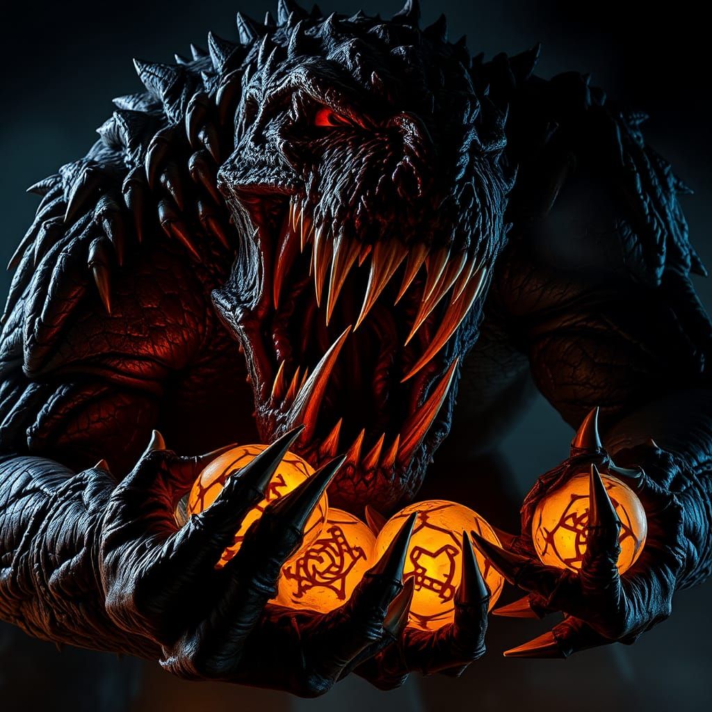 Terrifying Monster Roaring with Pumpkins, Dark Fantasy Art
