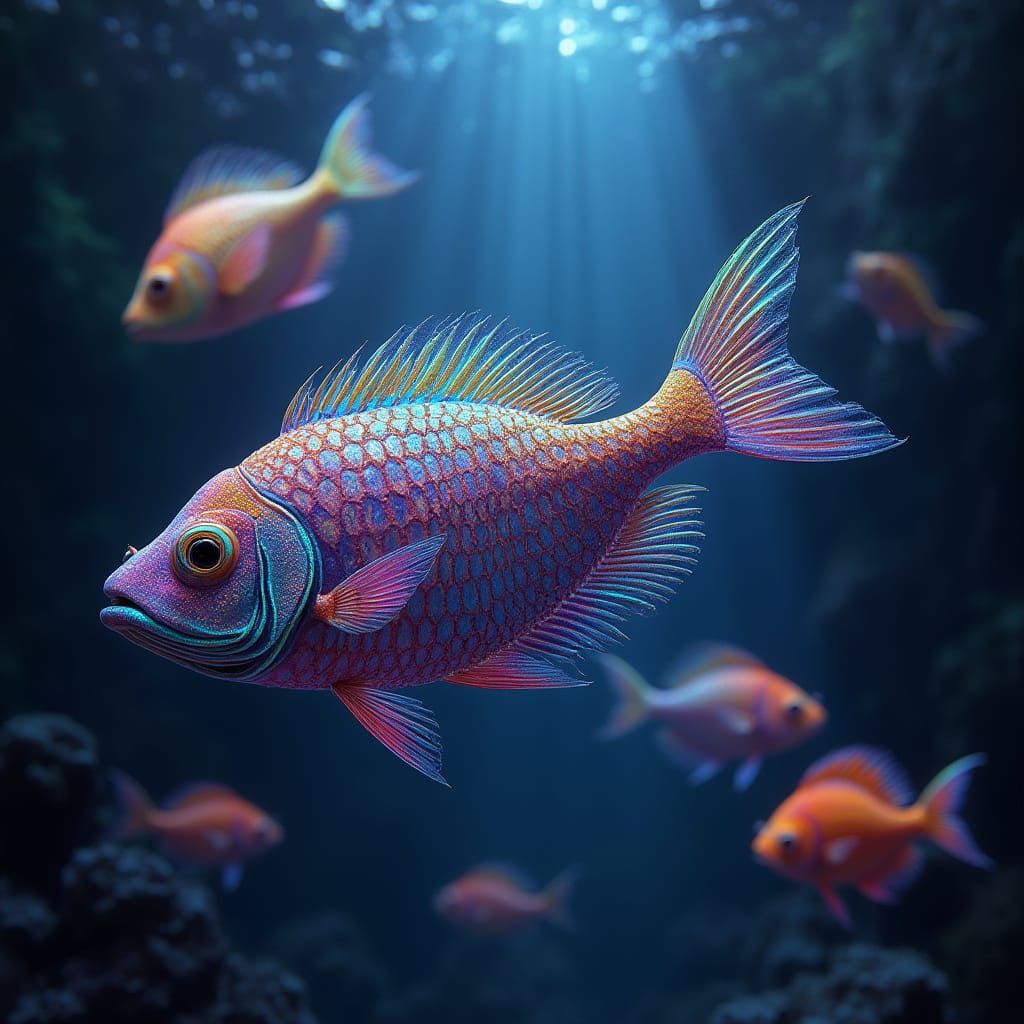 Iridescent Fish in Rainbow-Lit Aquarium