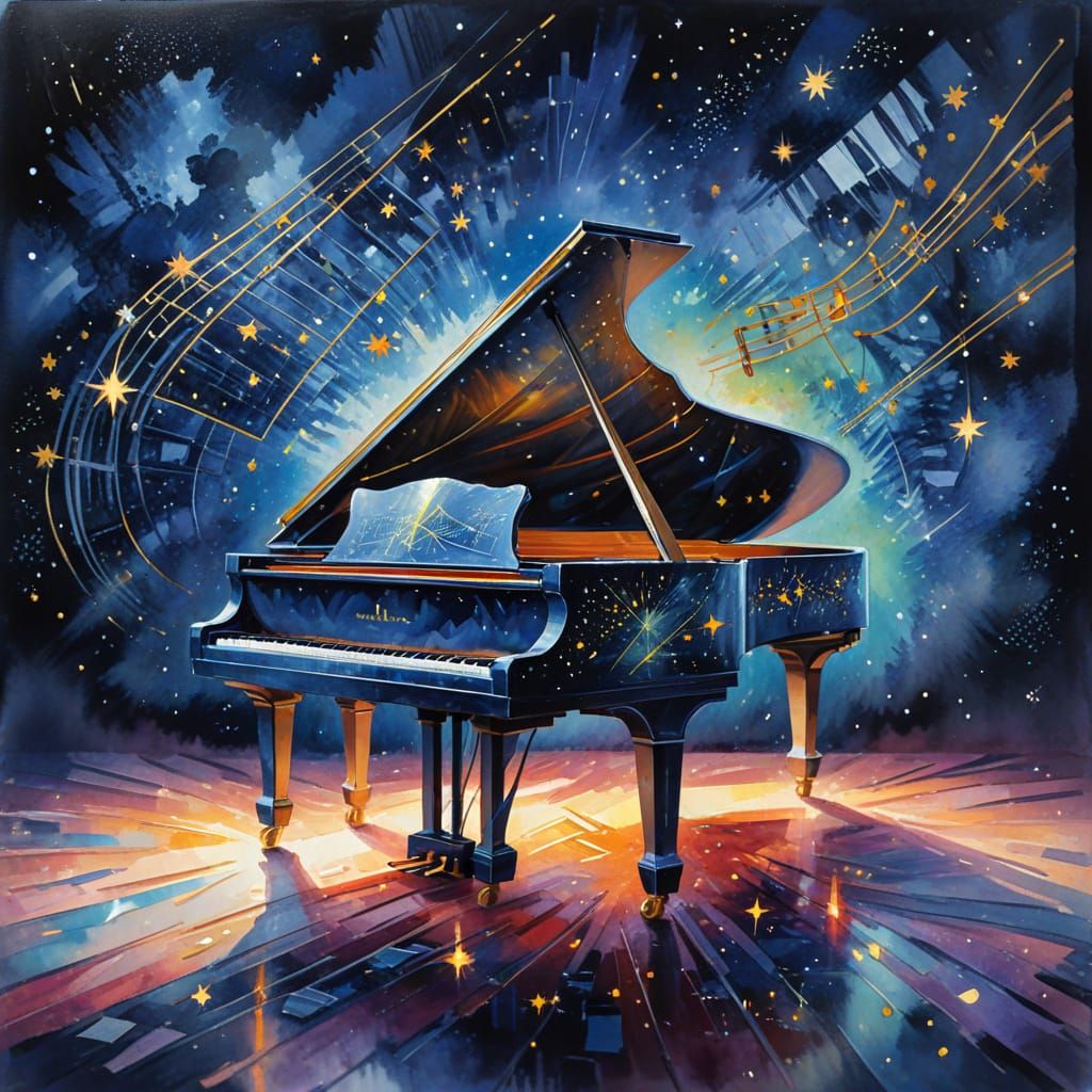 Ethereal Piano Masterpiece in Vibrant Gouache