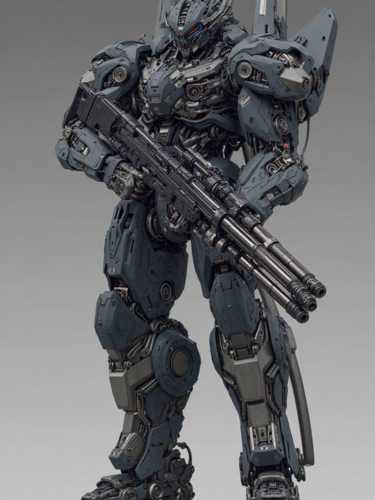 Mecha Robot with Minigun in Dystopian Future Style