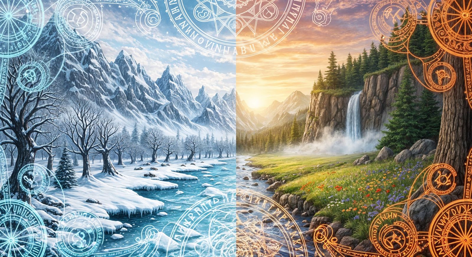 Landscape Transition with Occult Symbols in Detailed Illustr...