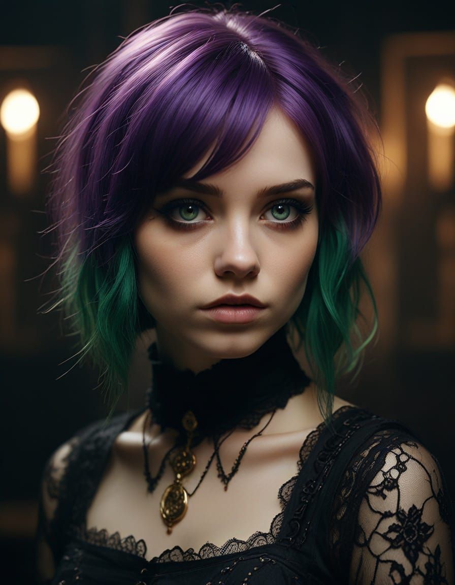 Gothic Lolita Girl with Purple Hair in Film Still