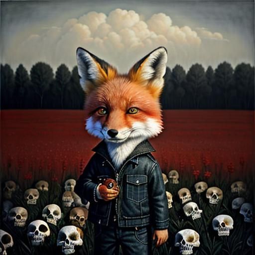 Sad Fox with Heart in Skull Field
