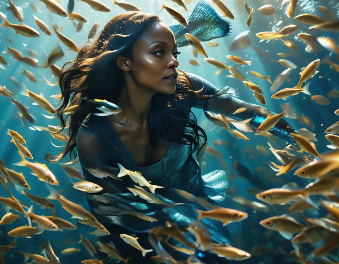 Zoe Saldana in Ocean Depths with Fish