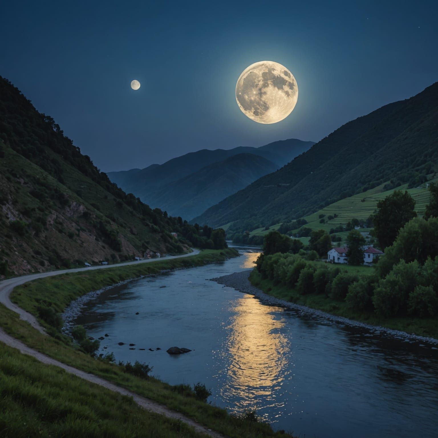 Full Moon Over River Among Hills