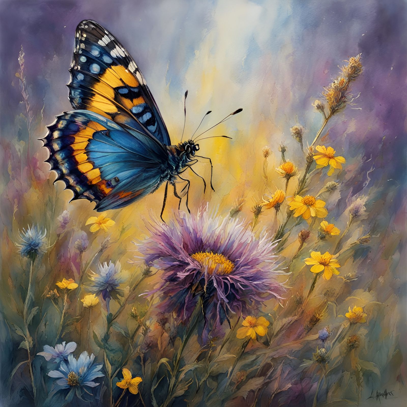 Polychromatic Butterfly on Wildflower, Loose Watercolor Styl...