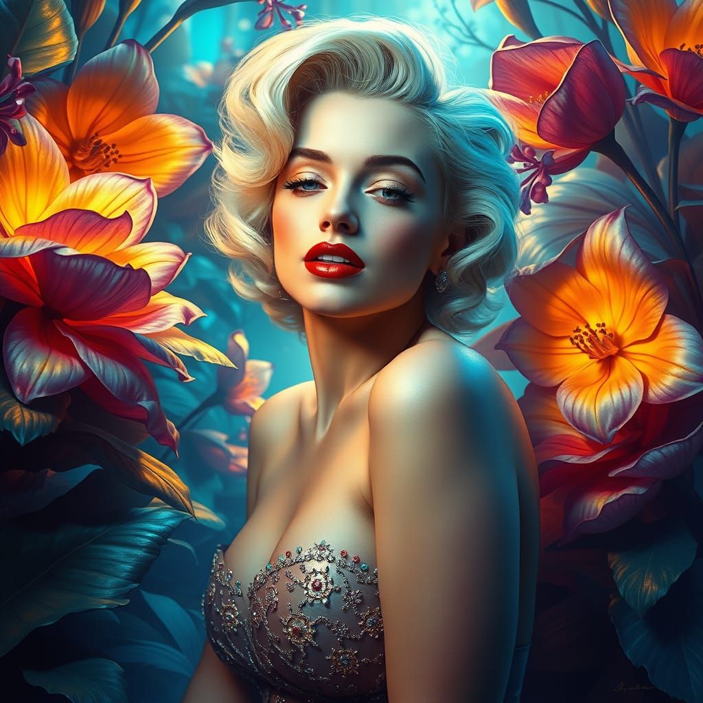 Surreal Goddess Amidst Whimsical Bloom