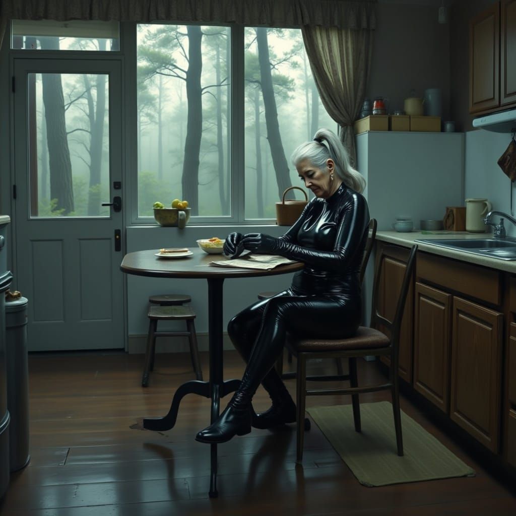 Elegant Elderly Woman in Latex in Rustic Kitchen