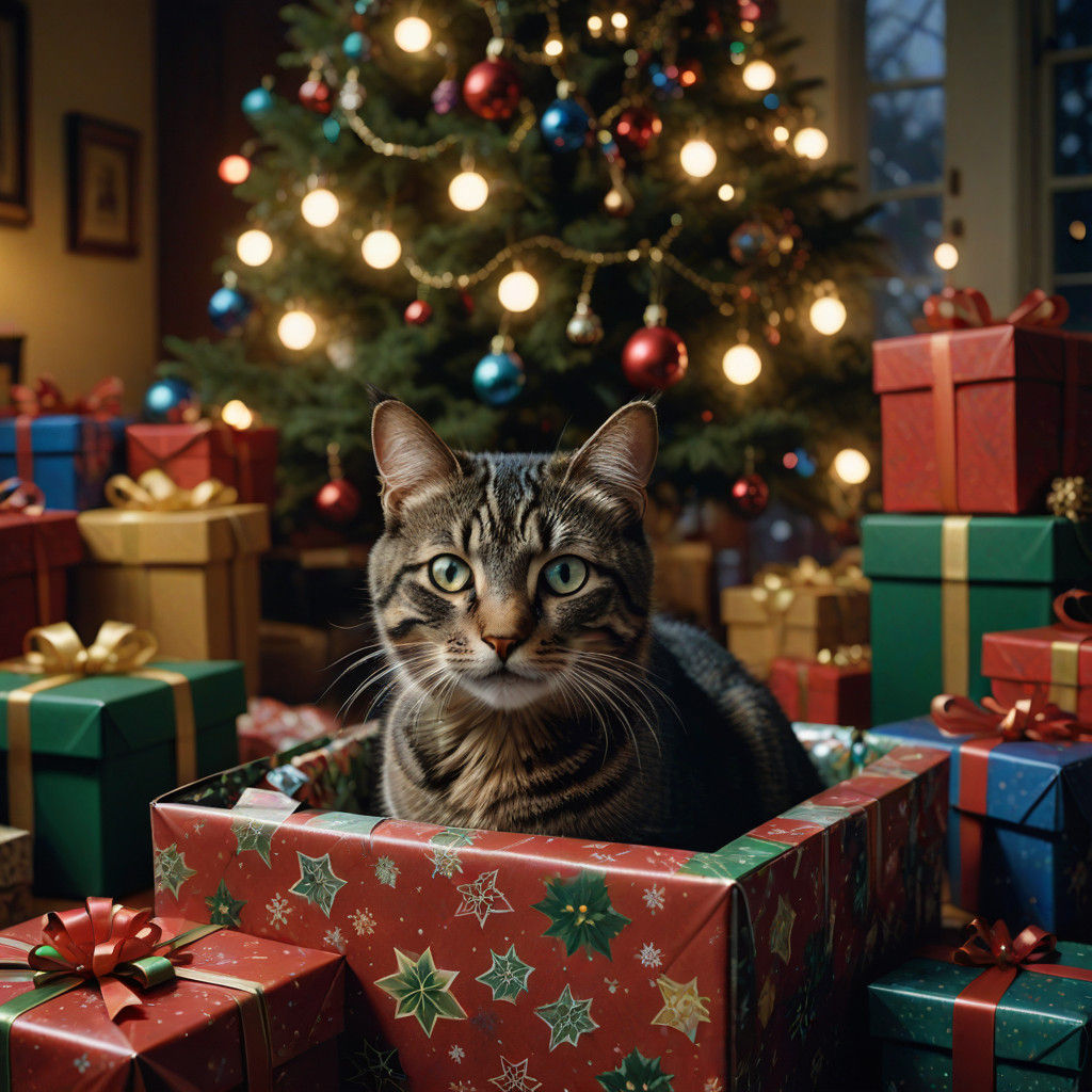 Hyper-Realistic Cats in Christmas Giftboxes