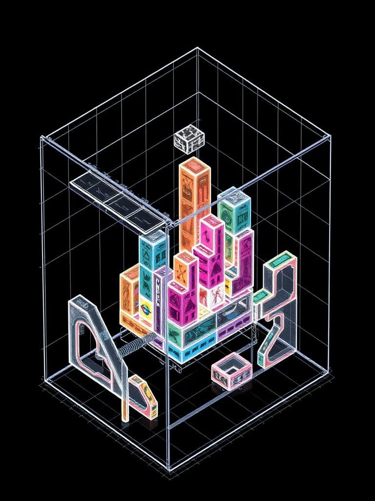 Exploded Wireframe Tetris Diagram in 3D Pixar Style