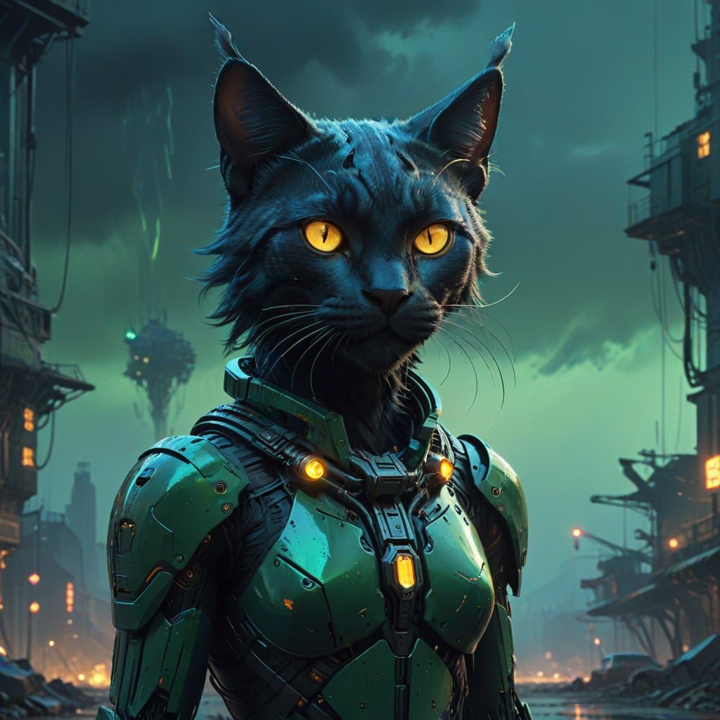 Mysterious Black Cat with Golden Eyes in a Fantastical Lands...