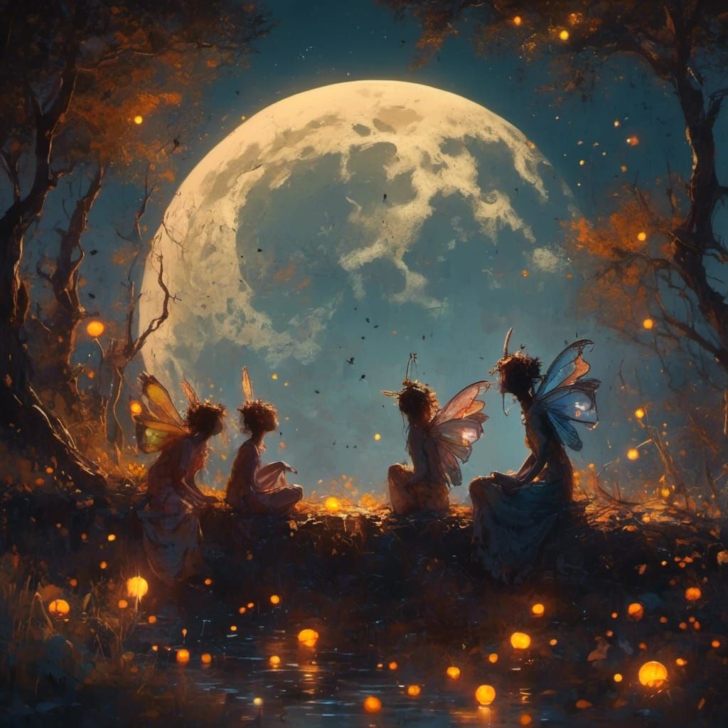 Moonlit Fairies Basking in Full Moon Glow