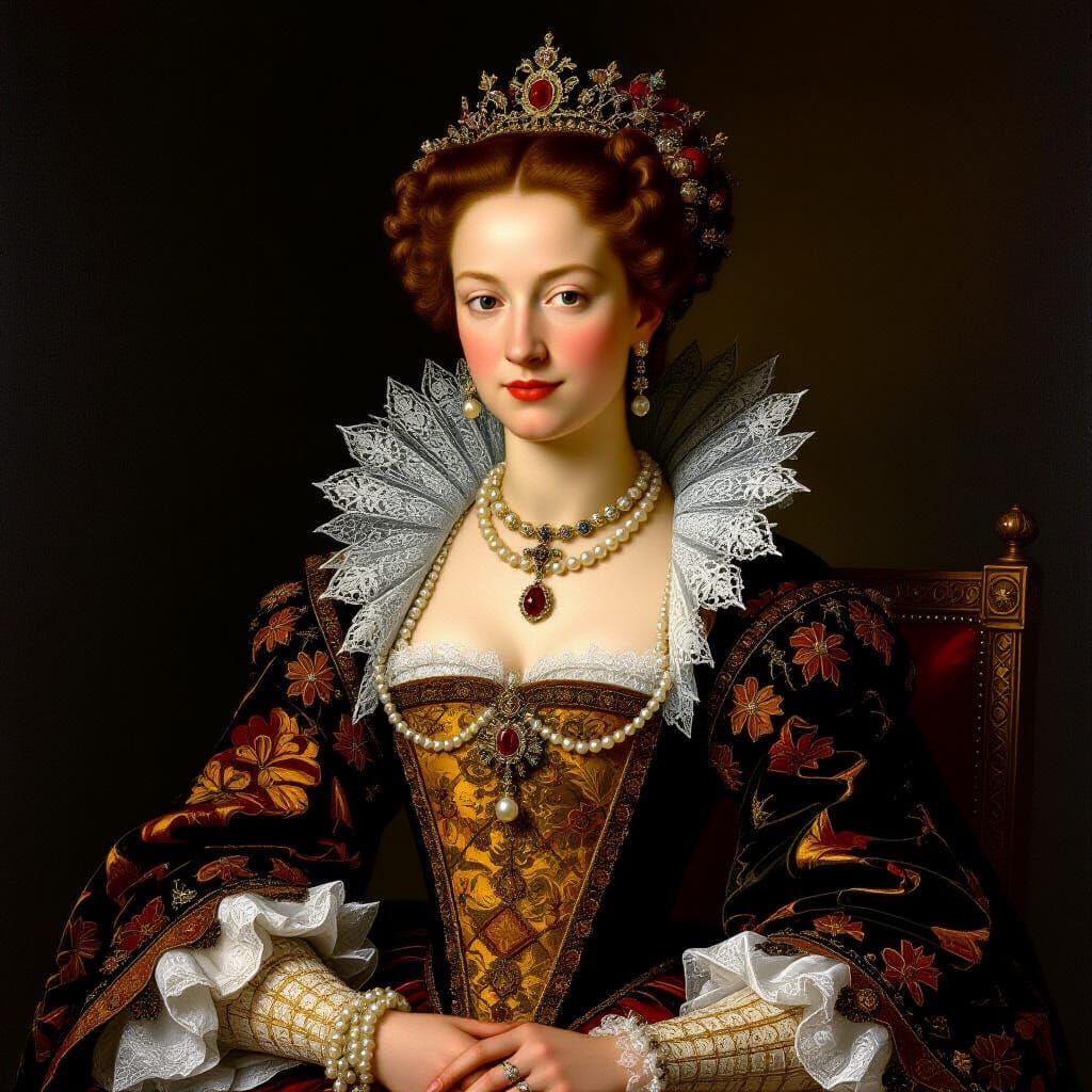 Renaissance Queen Portrait with Lavish Attire