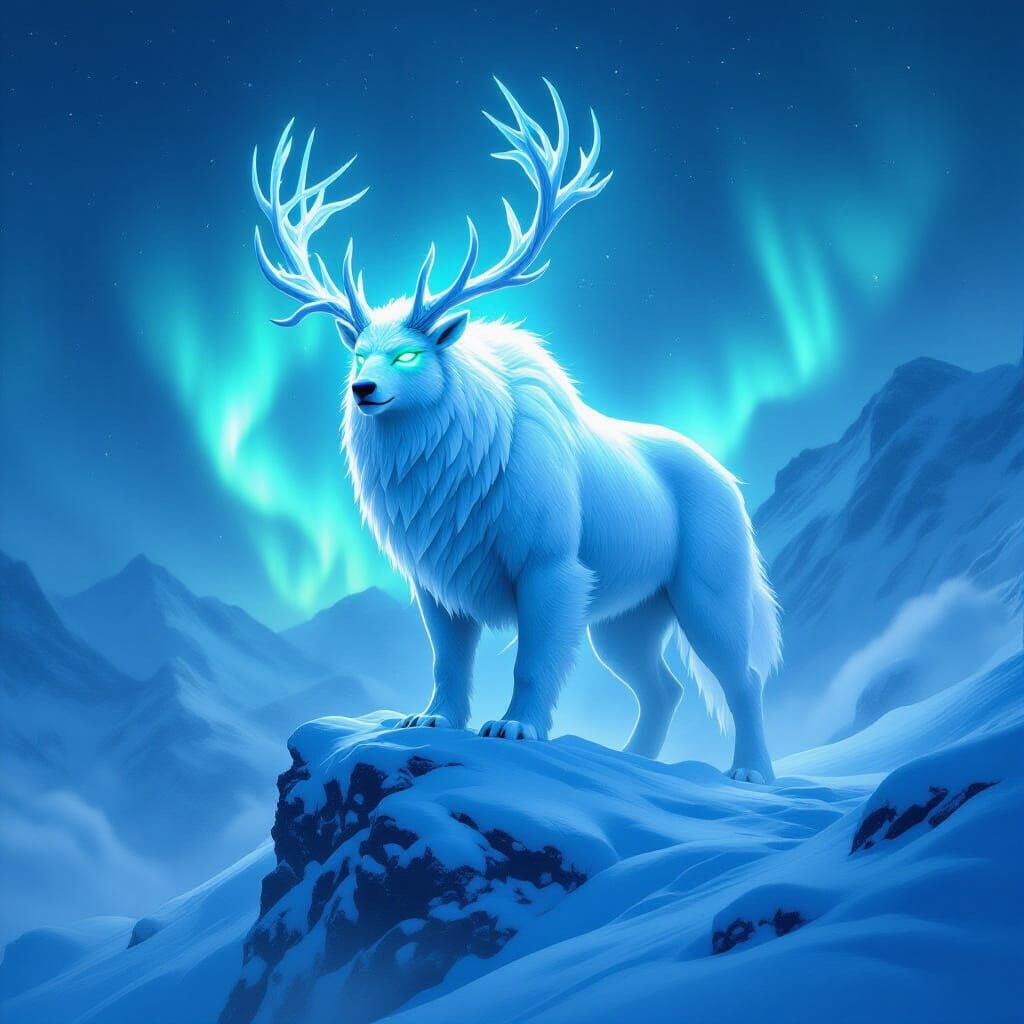 Majestic Snow Beast with Cyan Eyes on Frozen Peak