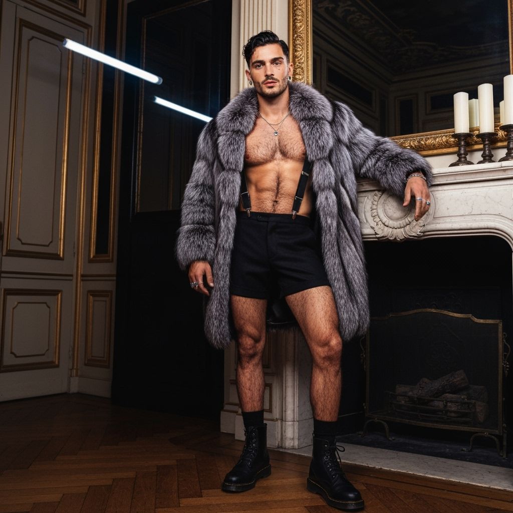 Muscular Man in Fur Coat, Baroque Palace