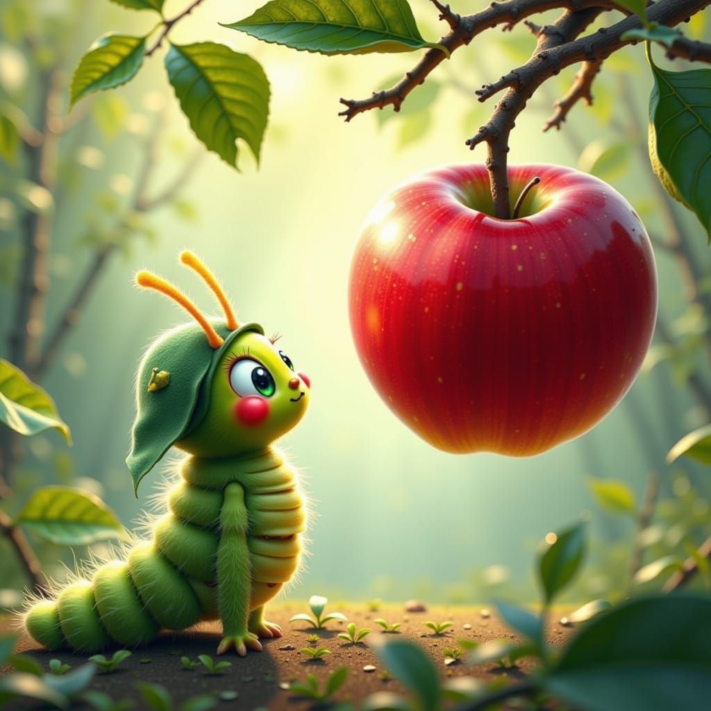 Caterpillar's Apple: A Whimsical Watercolor Scene
