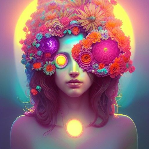 Floral Woman with Glowing Eyes: Digital Art