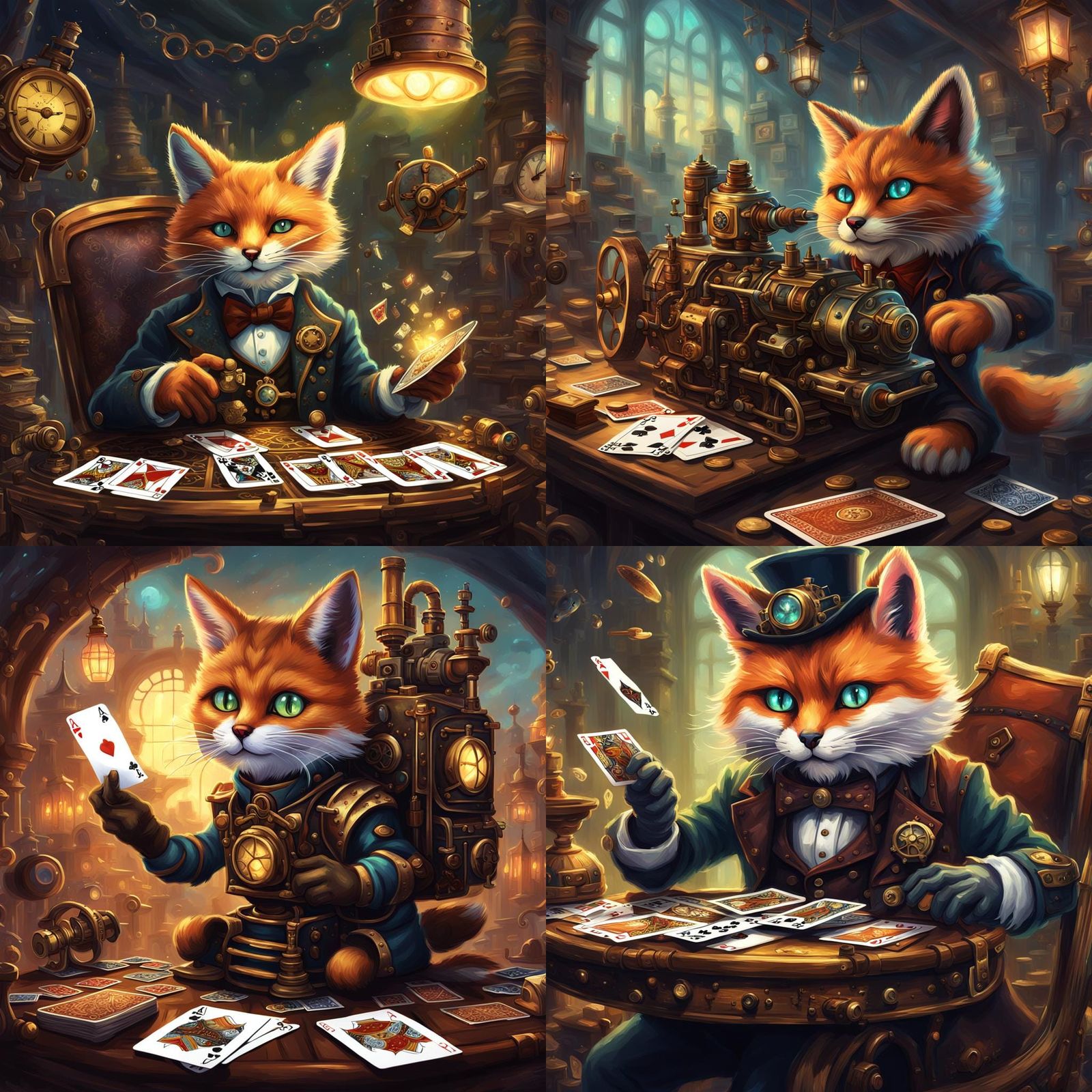 Steampunk Engine: Cat and Fox Card Game in Fantasycore Style