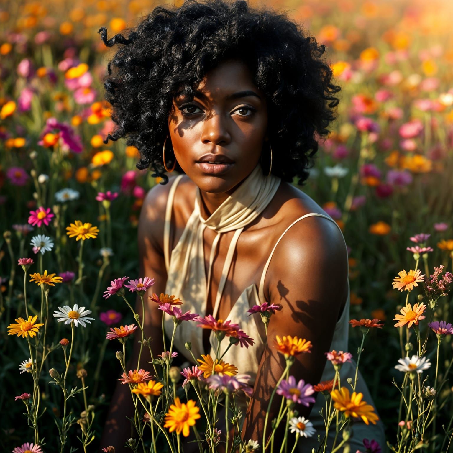 Mixed-Race Woman in a Floral Landscape