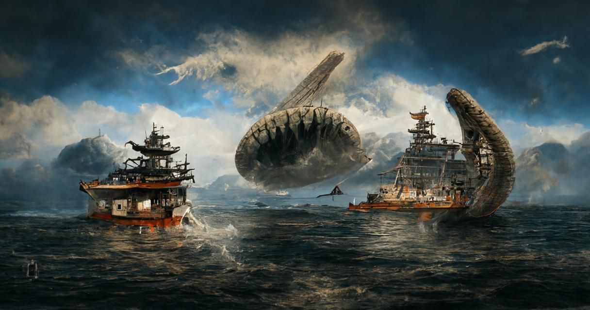Japanese Painting: Research Ship Escaping Sea Monster