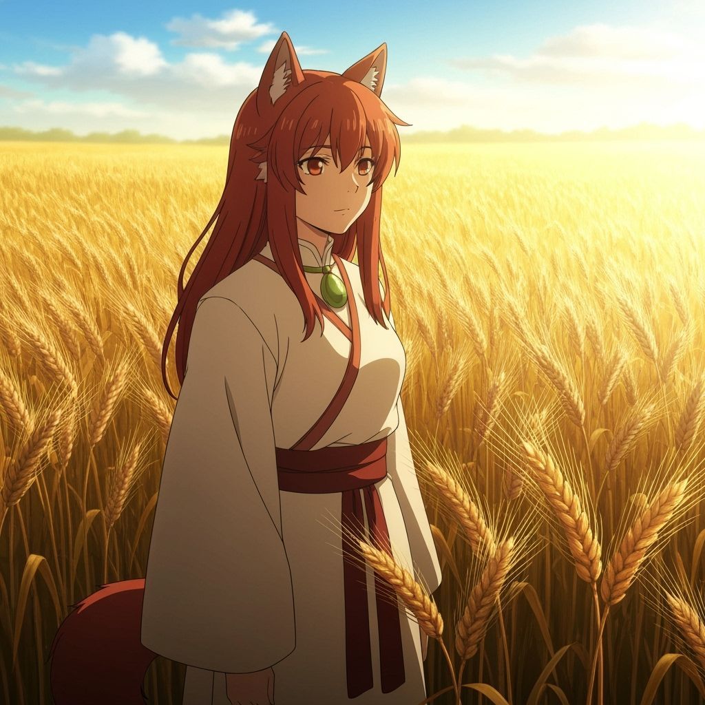 Holo the Wolf Deity in Golden Wheat Field Anime Style