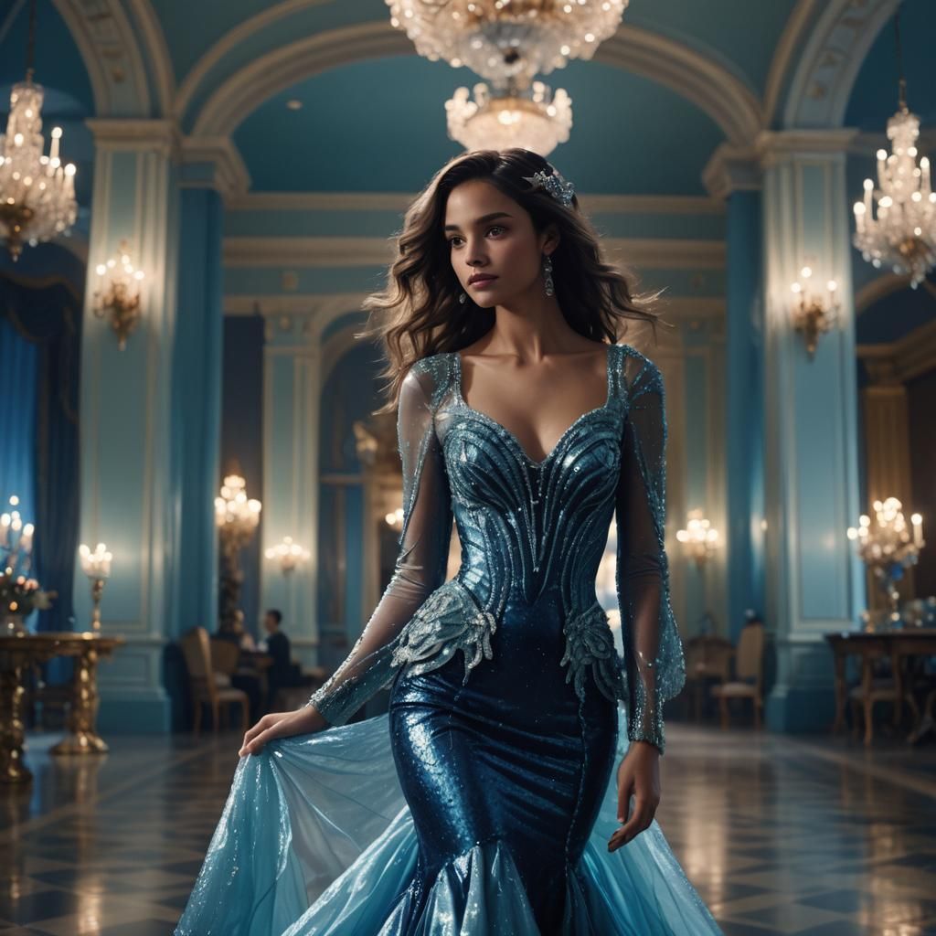 Woman in Mermaid Dress in Grand Ballroom