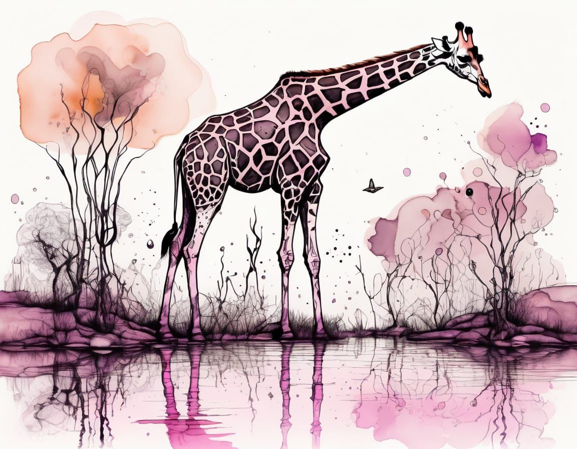 Whimsical Surrealist Giraffe in a Deserted Pond