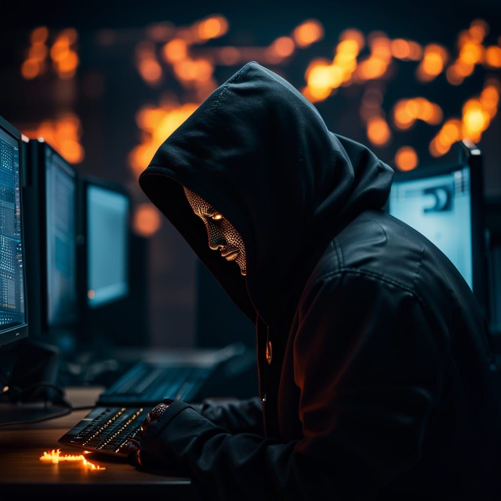 Hacker in Dark City with Bitcoin Logo